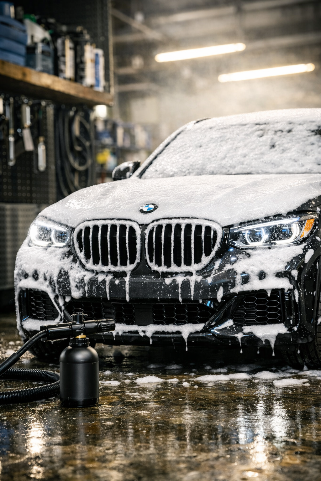 A black BMW car covered in snow and soap, being washed in a garage with tools on shelves in the background.