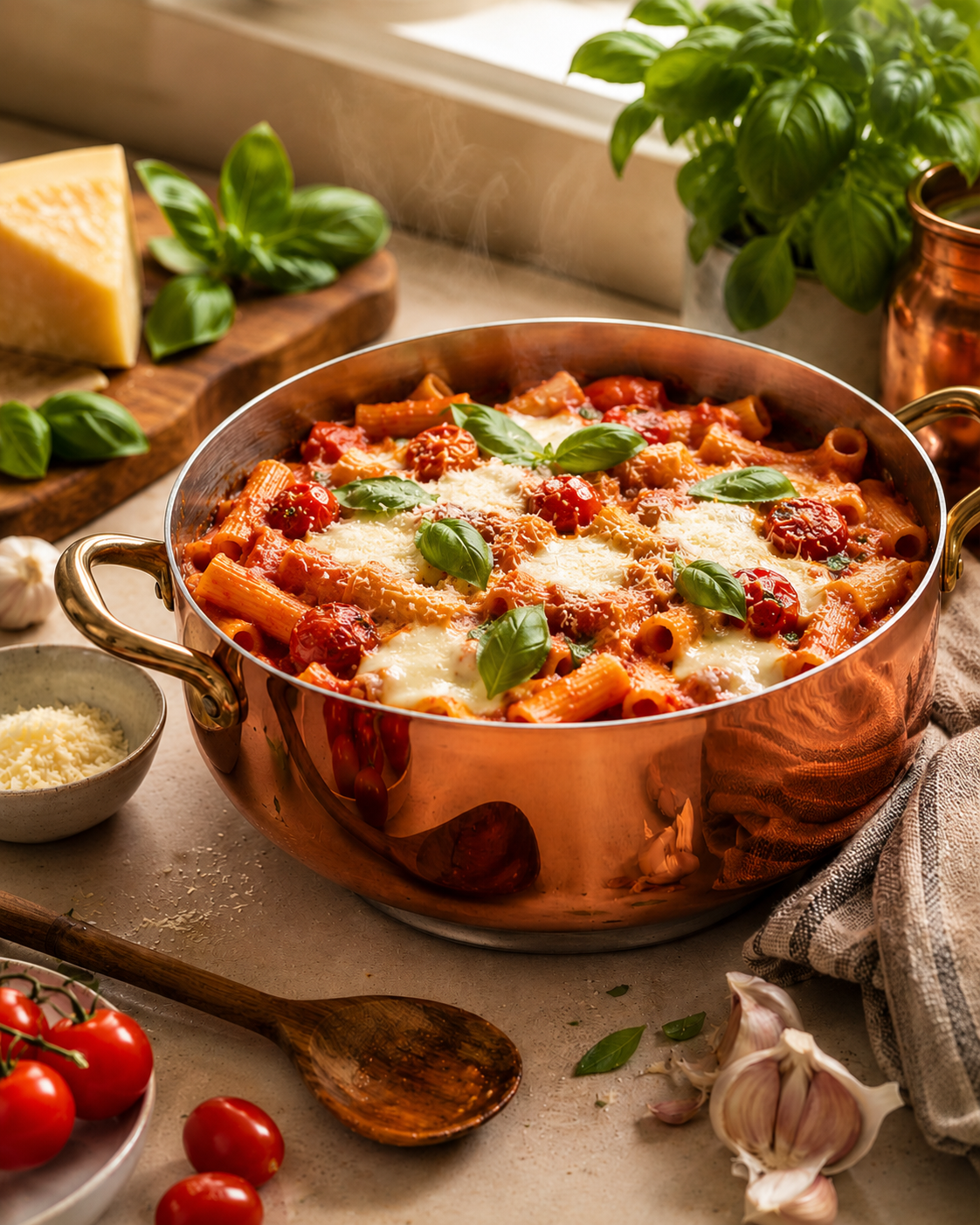 A copper pot filled with baked pasta, cherry tomatoes, melted cheese, and fresh basil garnish on a kitchen countertop.
