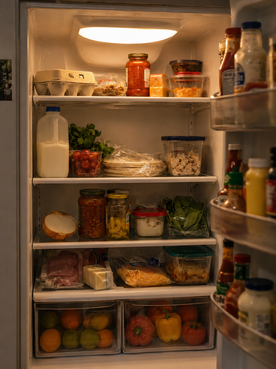 Open refrigerator with various food items including eggs, milk, cherry tomatoes, peppers, leafy greens, shredded cheese, sliced chicken, sauces, condiments, and packaged vegetables.