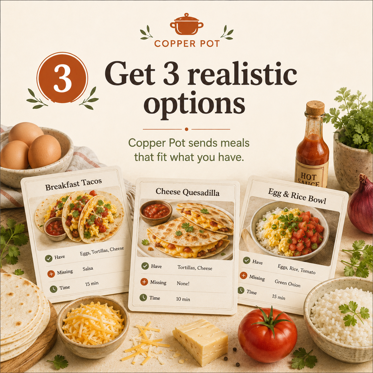 A promotional image for Copper Pot meal options featuring three meal choices: breakfast tacos, cheese quesadilla, and egg and rice bowl with respective ingredients; accompanied by ingredients like eggs, cheese, tomato, rice, hot sauce, and herbs.