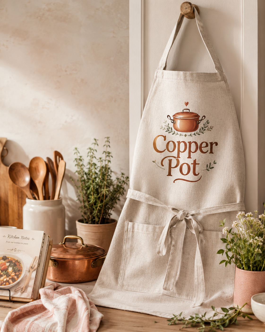 A kitchen apron hanging on a hook with a design of a copper pot and the text "Copper Pot" on it, with various kitchen utensils and plants nearby.