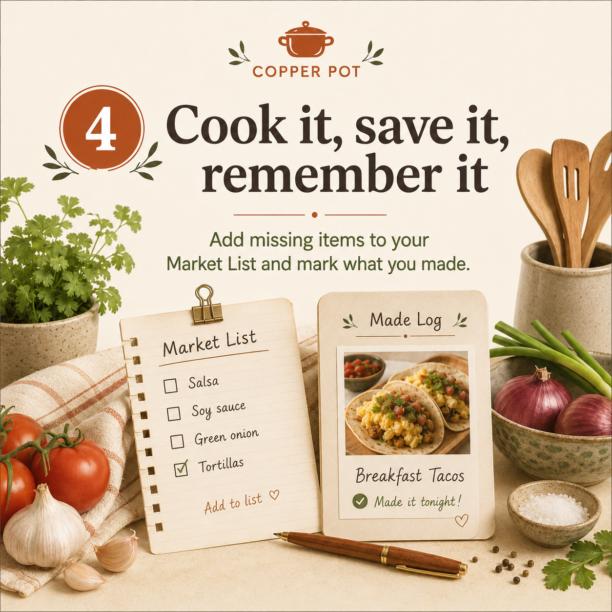 A kitchen scene with fresh vegetables including tomatoes, garlic, onions, green onions, and herbs. There are paper notes with a shopping list and a photo of breakfast tacos on a beige countertop. A pen lies in front of the notes, and wooden cooking utensils are in a ceramic container. The background features text emphasizing cooking, saving, and remembering recipes.