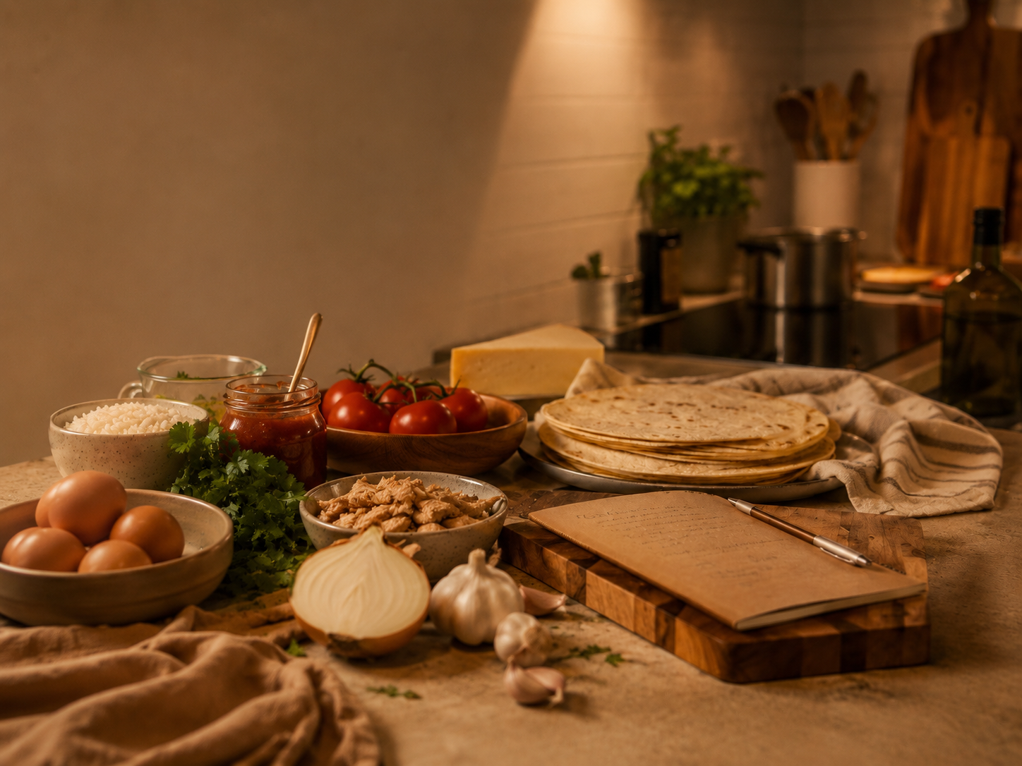 A kitchen countertop with ingredients including eggs, tomatoes, shredded chicken, onions, garlic, rice, salsa, cheese, and a stack of tortillas, with a notepad and pen.
