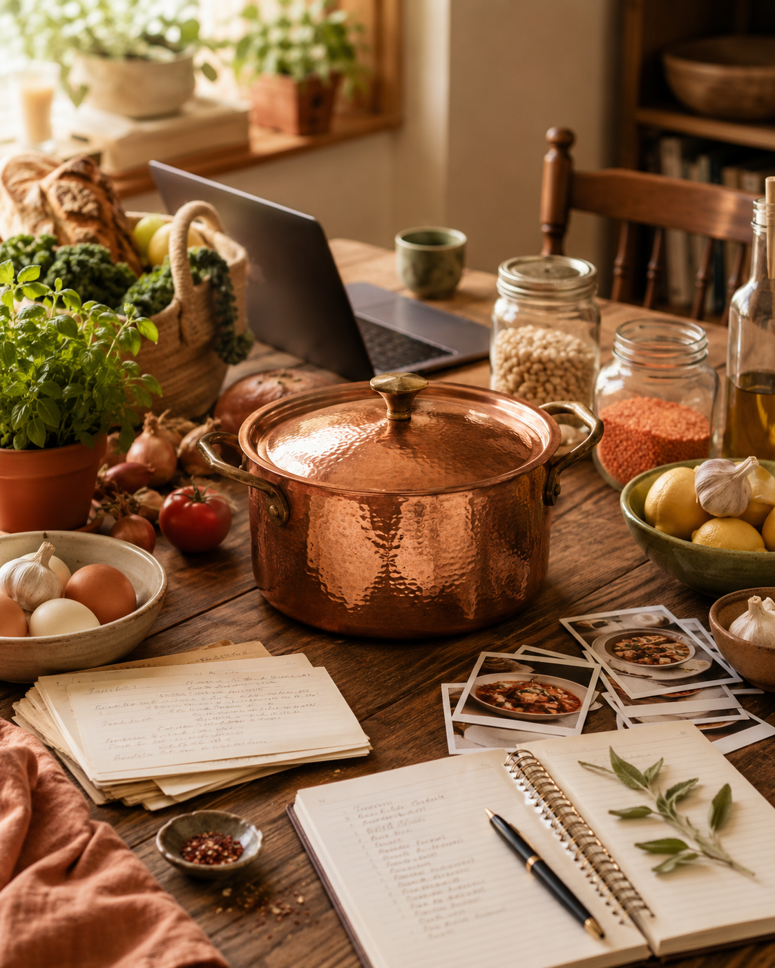A cozy kitchen table with a copper pot, fresh vegetables, garlic, onions, tomatoes, herbs, and jars of spices, along with a laptop, recipe notes, and photographs.