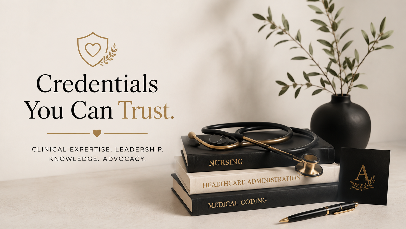 A stack of three black and white books with medical-themed titles such as 'Nursing,' 'Healthcare Administration,' and 'Medical Coding,' topped with a stethoscope. There is a black vase with green, leafy branches, a black pen, and a black card with a gold letter 'A' and decorative gold leaf. A wall sign reads 'Credentials You Can Trust' with a shield, heart, and laurel design.