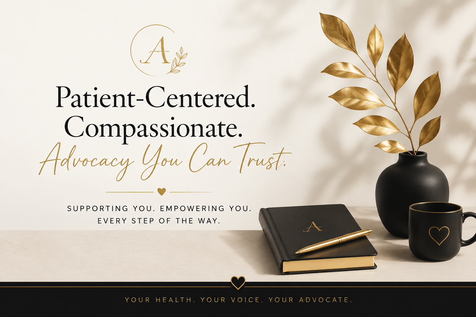 A promotional graphic with elegant black and gold accents, featuring a black notebook, gold pen, black mug with a gold heart, and a black vase with gold-painted leaves. Text highlights key values of being patient-centered, compassionate, and trustworthy in advocacy, with supporting messages and a heart symbol.