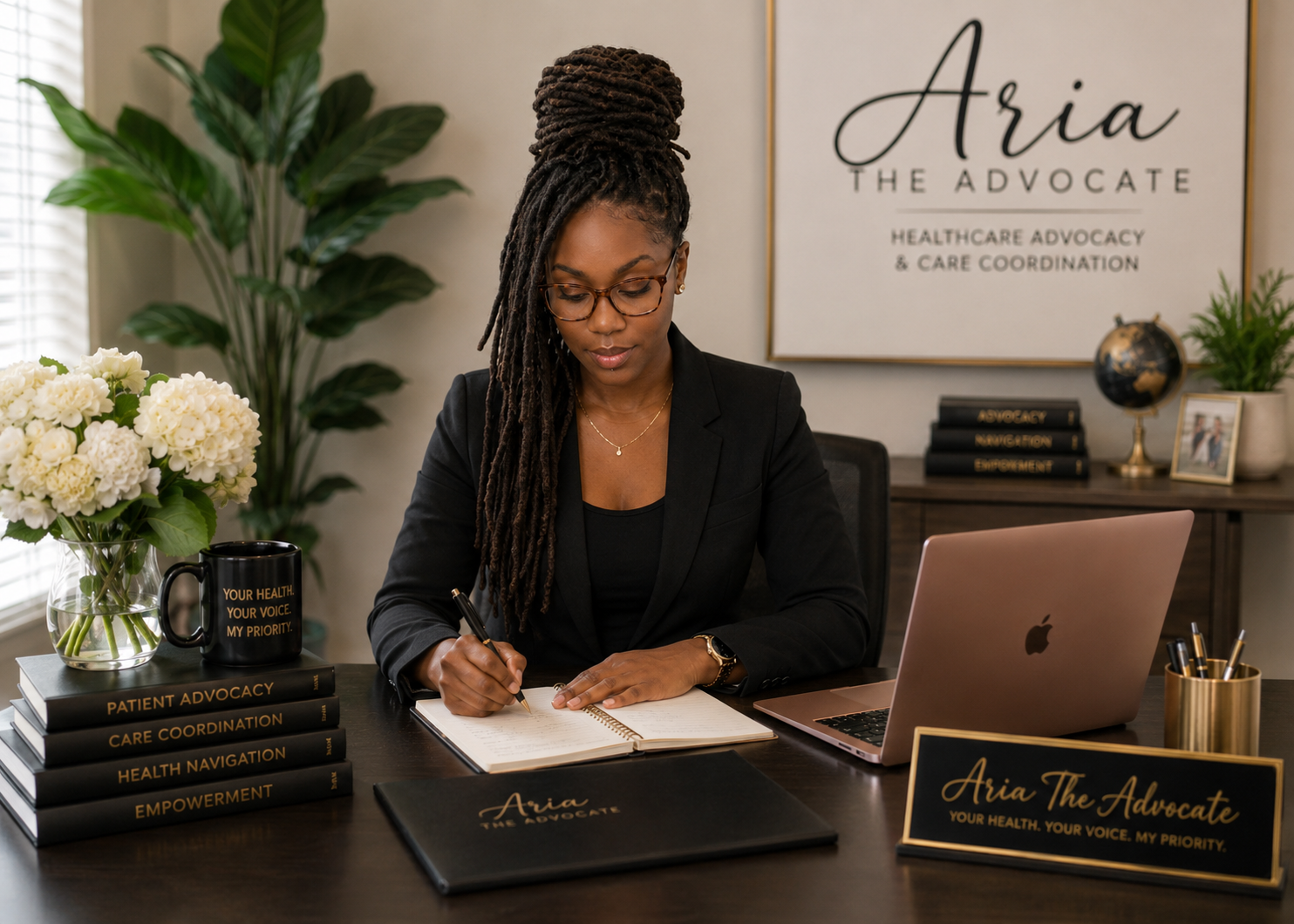 A woman with glasses and dreadlocks writing in a notebook at a desk. The desk has a laptop, a mug, and several stacked books titled 'Patient Advocacy,' 'Care Coordination,' 'Health Navigation,' and 'Empowerment.' A large flower arrangement and framed photo are also on the desk. In the background, a sign reads 'Aria The Advocate' and 'Healthcare Advocacy & Care Coordination.'