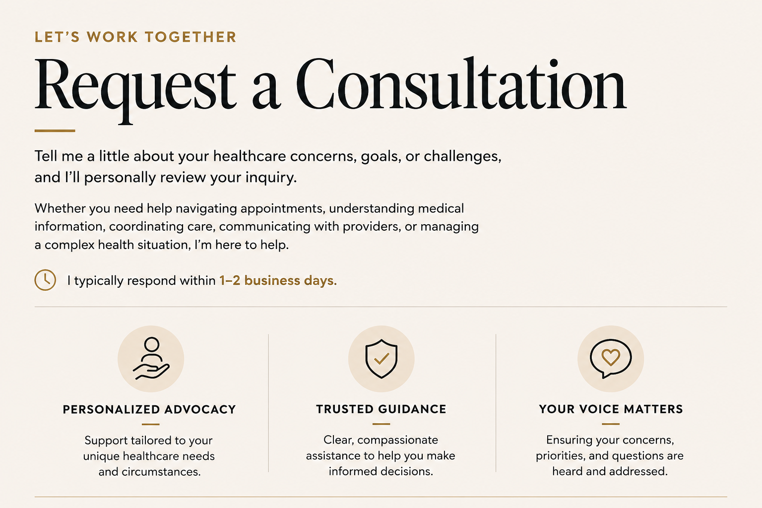 A webpage titled 'Request a Consultation' with information about healthcare assistance, including icons for advocacy, guidance, and concerns, and a note that responses typically take 1-2 business days.
