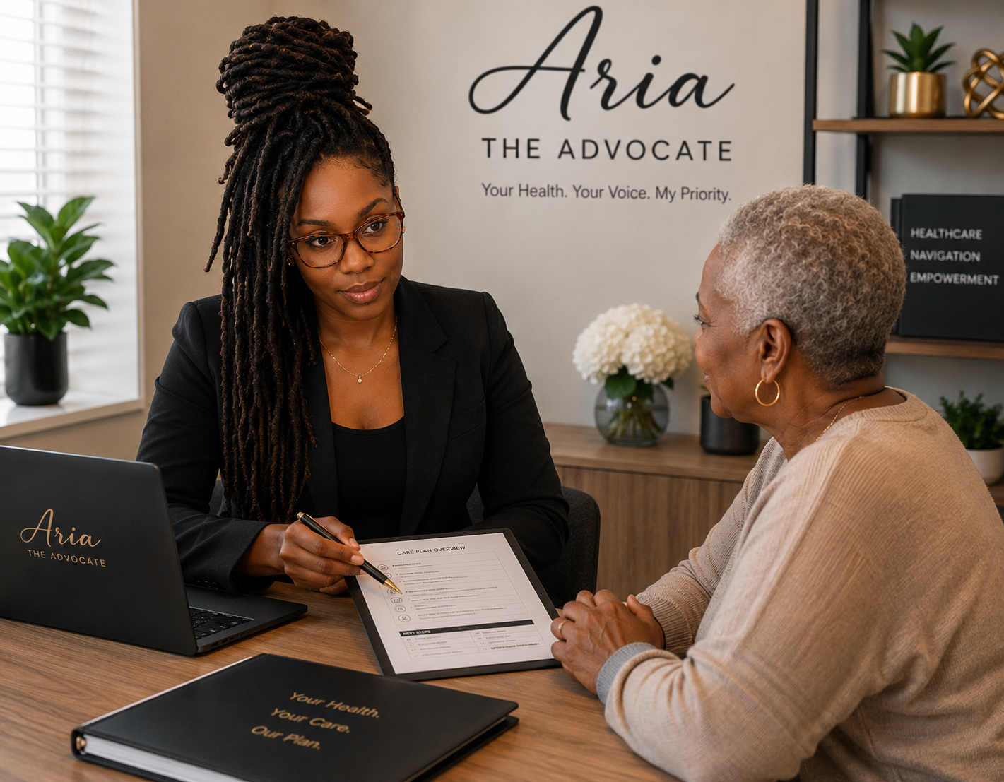 A woman with glasses and dreadlocks wearing a black blazer explains a care plan document to an elderly woman in a beige sweater. They are in an office with a sign that reads 'Aria The Advocate' and various plants and decor in the background.