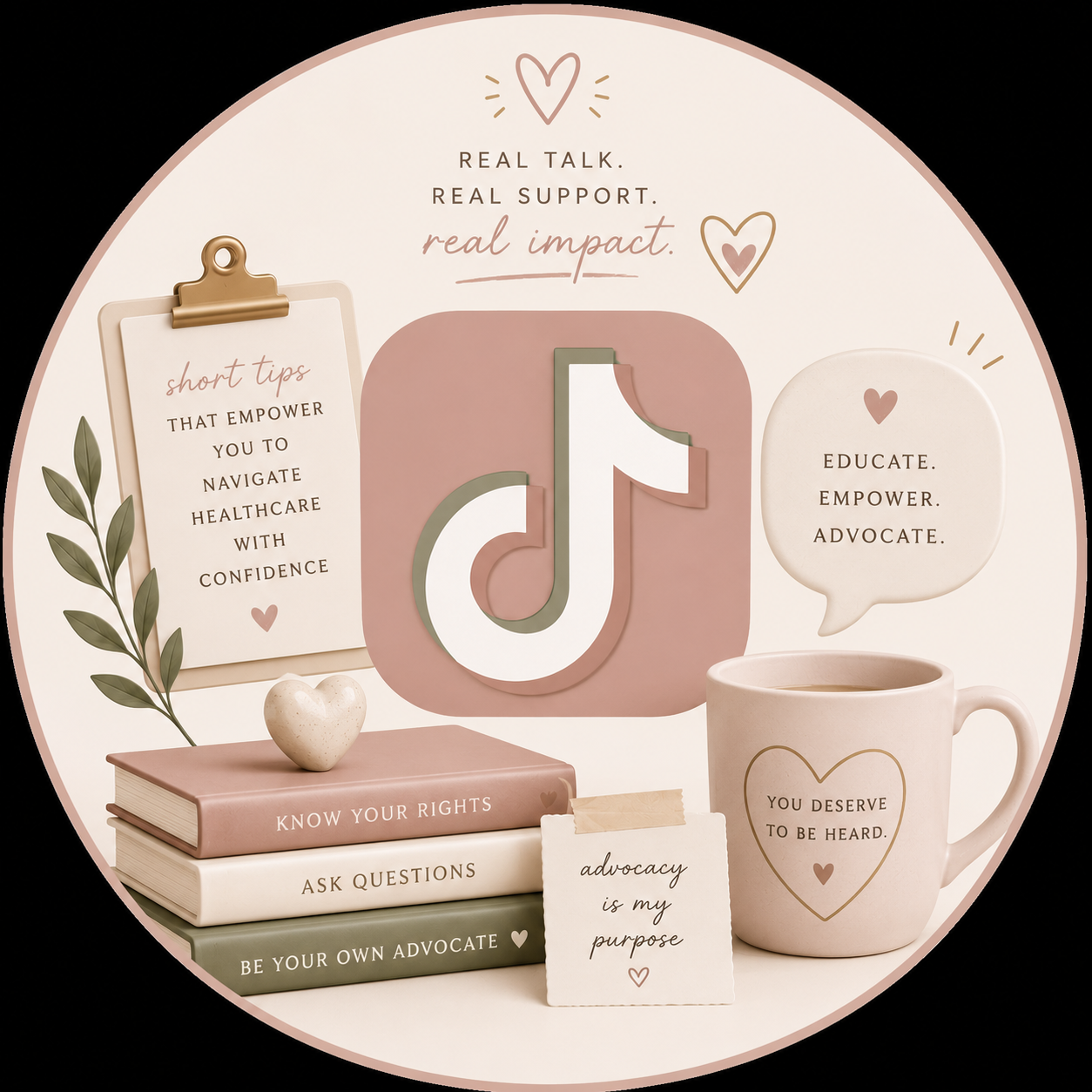 Decorative image promoting healthcare advocacy with TikTok logo, books titled "Know Your Rights", "Ask Questions", and "Be Your Own Advocate", a coffee mug with "You Deserve to Be Heard", a speech bubble with "Educate. Empower. Advocate.", and a note saying "Advocacy is my purpose."