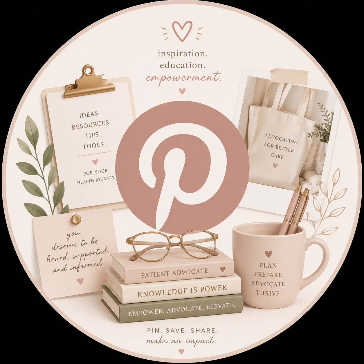 Decorative Pinterest-themed flat lay featuring a large Pinterest logo, inspirational quotes on sticky notes and paper, tote bags with caring messages, a pair of glasses on stacked books titled 'Patient Advocate,' 'Knowledge is Power,' and 'Empower. Advocate. Elevate,' and a mug with pens, all in soft pink and beige tones.