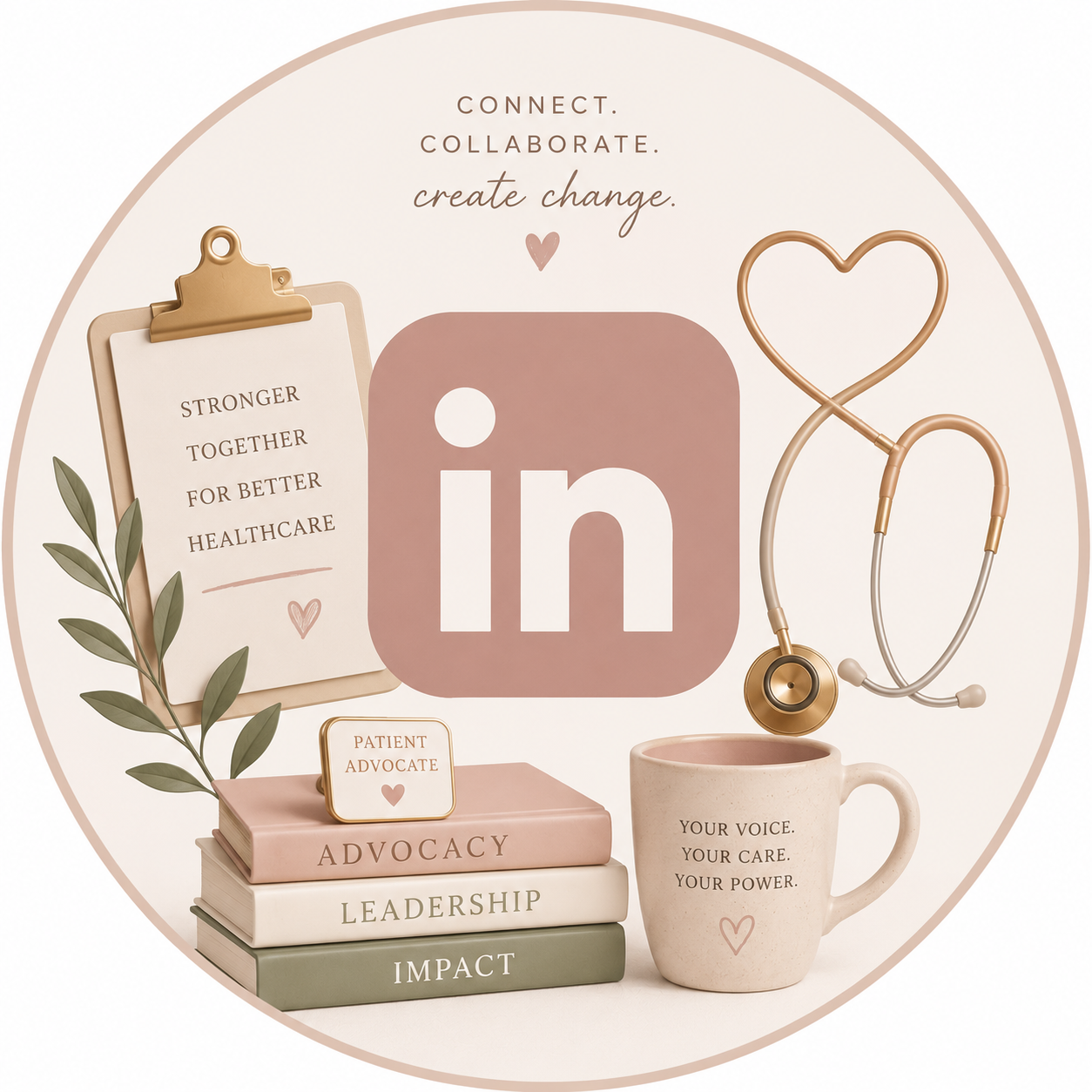 A graphic design featuring the LinkedIn logo with healthcare-themed elements, including a stethoscope, a mug with text, stacked books about advocacy, leadership, and impact, a clipboard with the message 'Stronger Together for Better Healthcare,' and motivational words 'Connect. Collaborate. Create Change.' in soft pastel colors