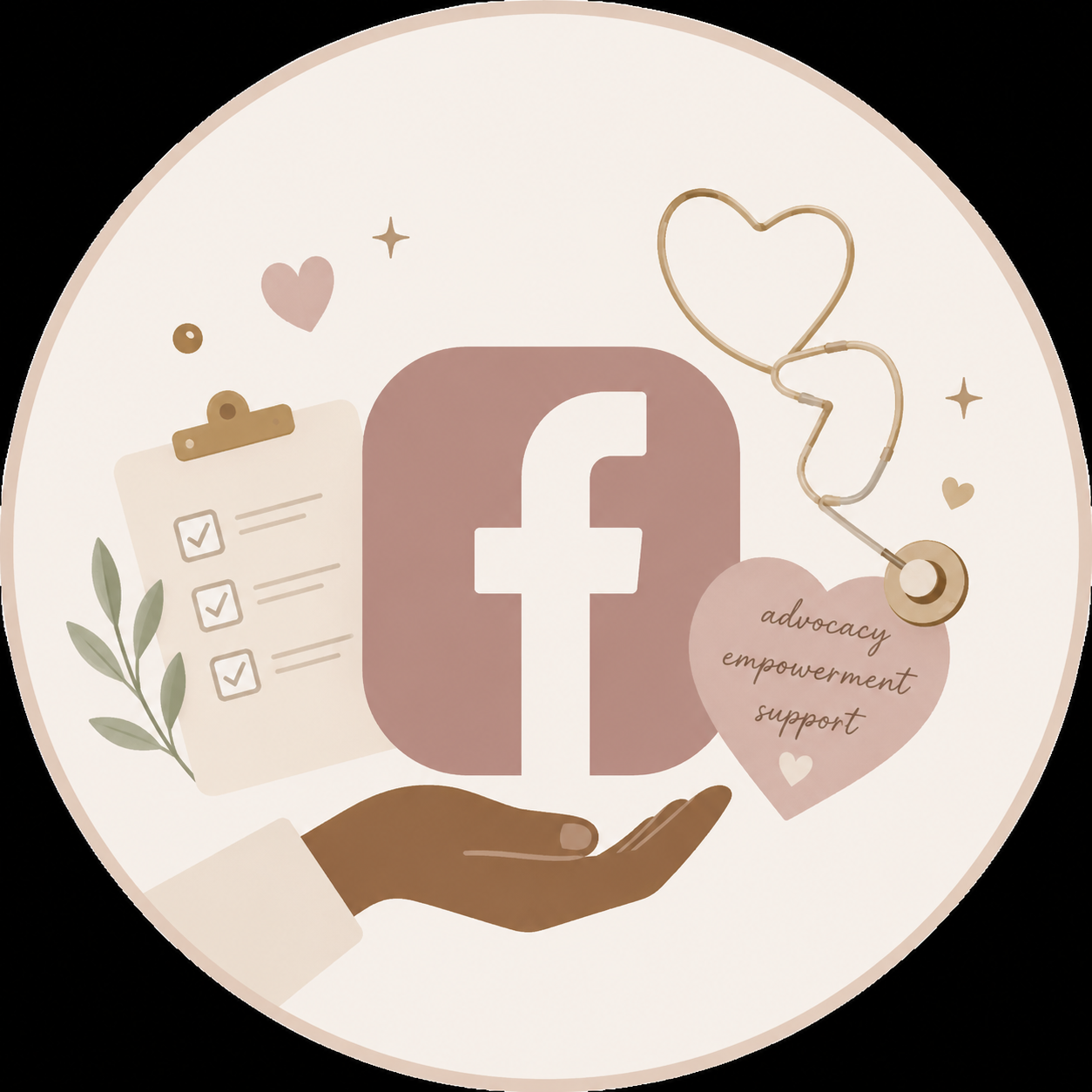 Social media theme with Facebook logo, checklist, hearts, stars, and words advocacy, empowerment, support on a heart, held by a hand.