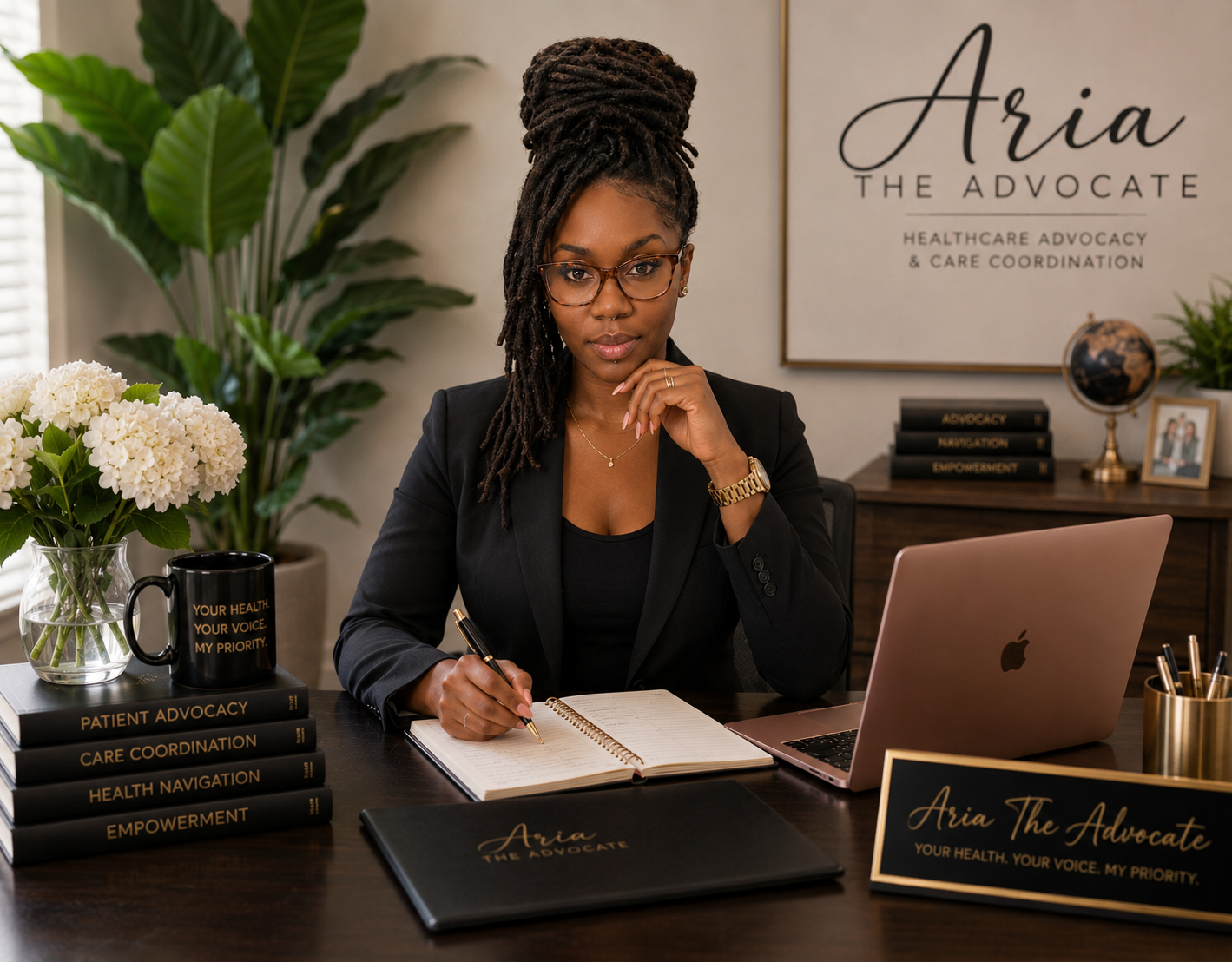 African American woman in black blazer and glasses sitting at a desk with a notepad, laptop, and a coffee mug that reads 'Your health, your voice, my priority.' Behind her, a sign reads 'Aria The Advocate, healthcare advocacy & care coordination.' The desk has a vase of white flowers and a stack of black books titled 'Patient Advocacy,' 'Care Coordination,' 'Health Navigation,' and 'Empowerment.' There are large green plants and framed pictures on a wooden cabinet.