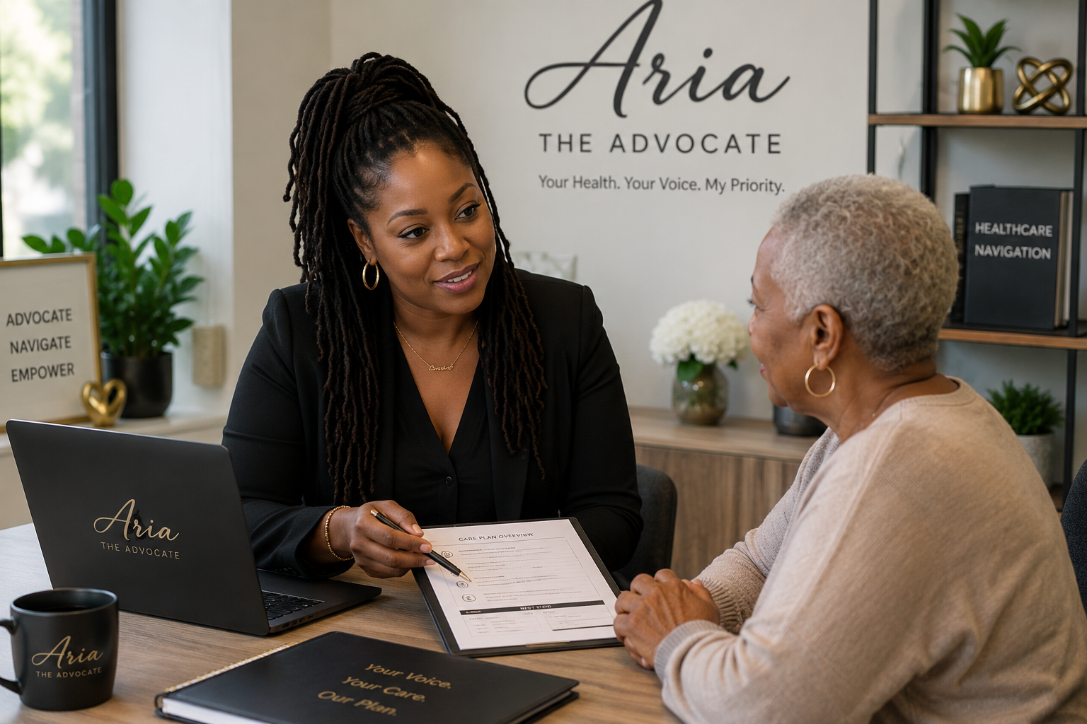 A woman with dreadlocks, wearing earrings and a black blazer, is sitting at a desk with an older woman having gray hair, wearing a beige sweater. They are looking at each other and discussing a document about a care plan. The desk has a laptop with the brand "Aria THE ADVOCATE," a black mug, and a black notebook. The background has a sign with the name "Aria THE ADVOCATE," and books and decor on shelves.