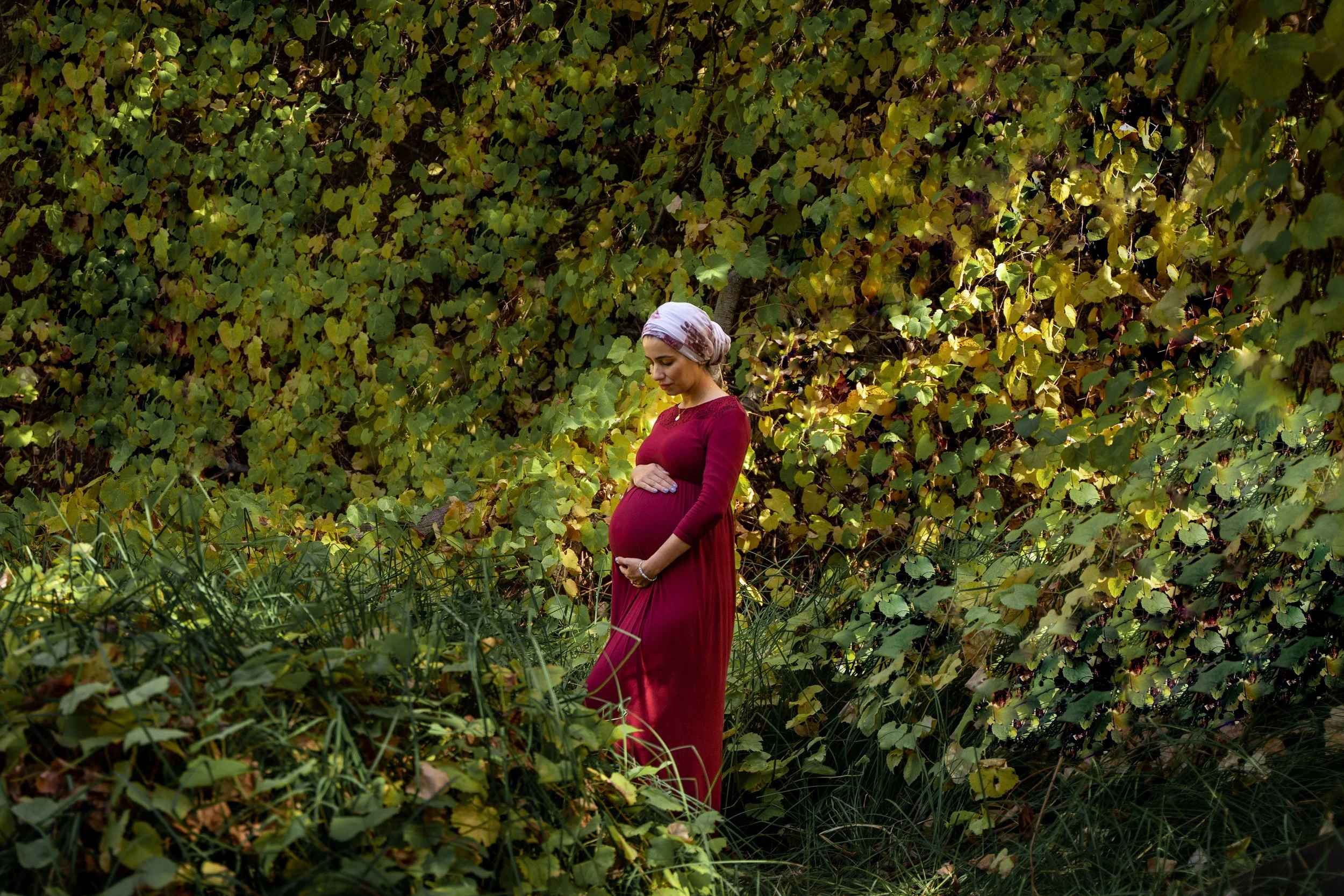 A pregnant woman in a red dress and headscarf stands among green and yellow foliage, cradling her belly with both hands and looking down.