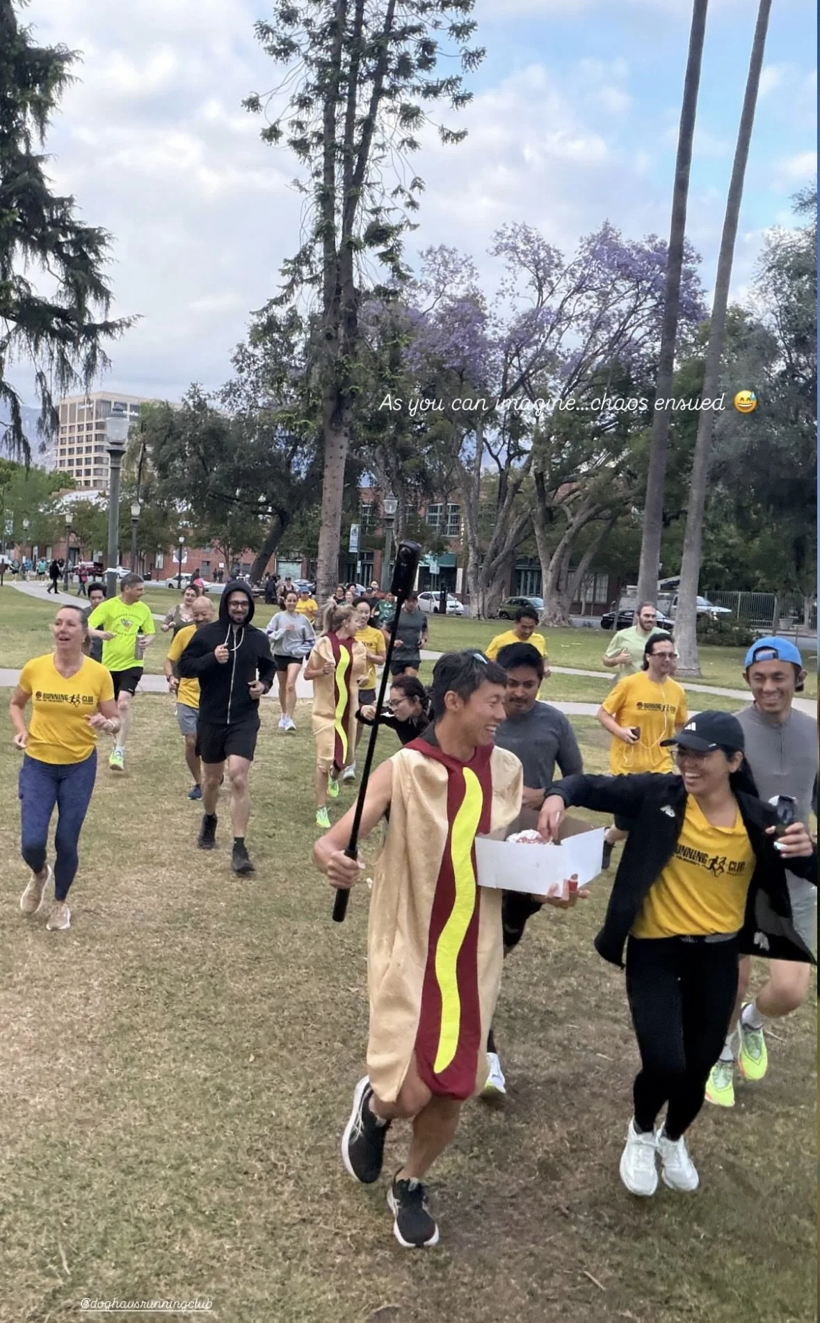 A group of runners participating in a race, dressed in dog costumes and athletic wear, running in a park with trees and buildings in the background.