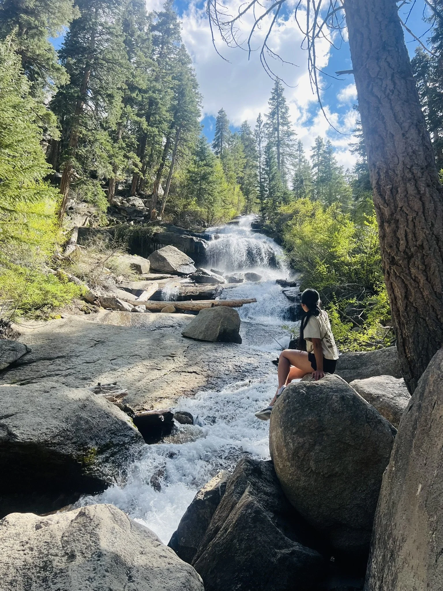 A woman sitting on a large rock by a flowing waterfall in a forest with tall pine trees and a partly cloudy blue sky.