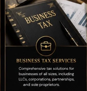 Business tax services pamphlet with a gold briefcase icon on a black background, highlighting comprehensive tax solutions for businesses of all sizes.