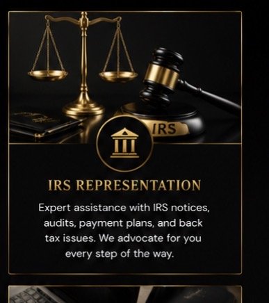 Advertisement for IRS representation services with balanced scales, gavel, and legal documents on a black background.