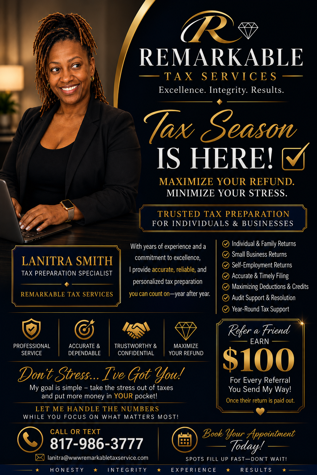 A promotional flyer for Remarkable Tax Services featuring a smiling woman with dreadlocks and a black blazer. Text highlights tax season services, expertise of tax specialist Lanitra Smith, and referral incentives. Contact information and appointment booking details are included.