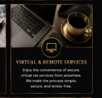 Flyer advertising virtual and remote tax services with a laptop, coffee cup, and a notebook.
