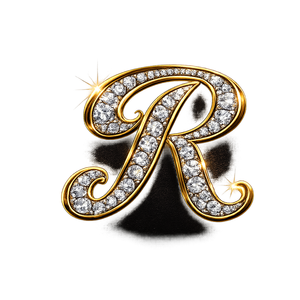 A decorative letter R in gold with embedded diamonds on a black and gold background.