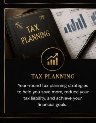 Open book titled "Tax Planning" with a subtitle about year-round tax strategies, next to a printed financial chart and a pen.