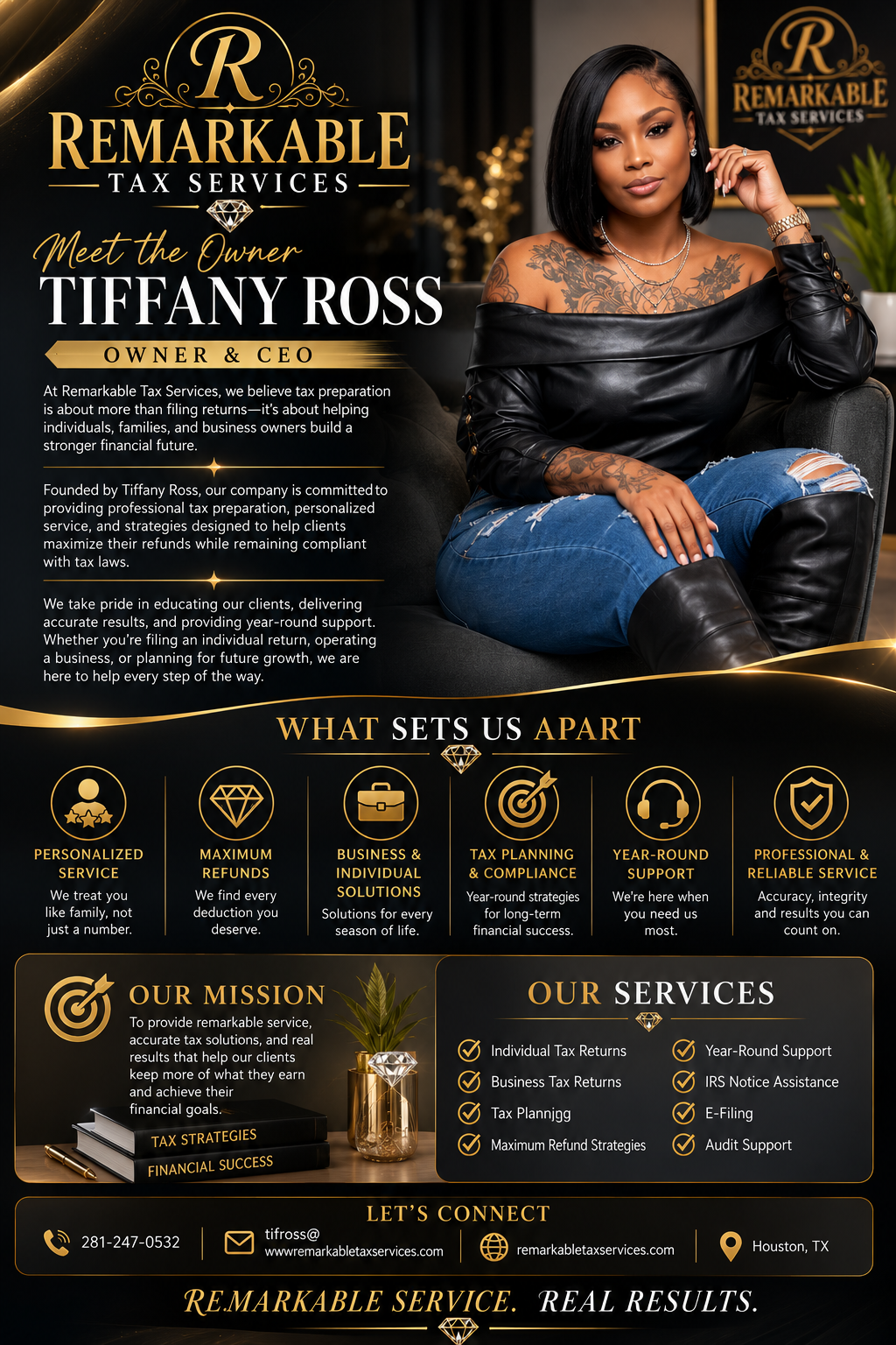 A promotional flyer for Remarkable Tax Services featuring owner Tiffany Ross. The flyer highlights their services including tax return preparation, tax planning, and support, with a professional image of Tiffany Ross sitting on a couch.