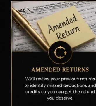 A gold pen resting on a document with a yellow sticky note reading 'Amended Return'. The document is titled 'Amended Returns' and has text about reviewing previous returns for deductions and credits.