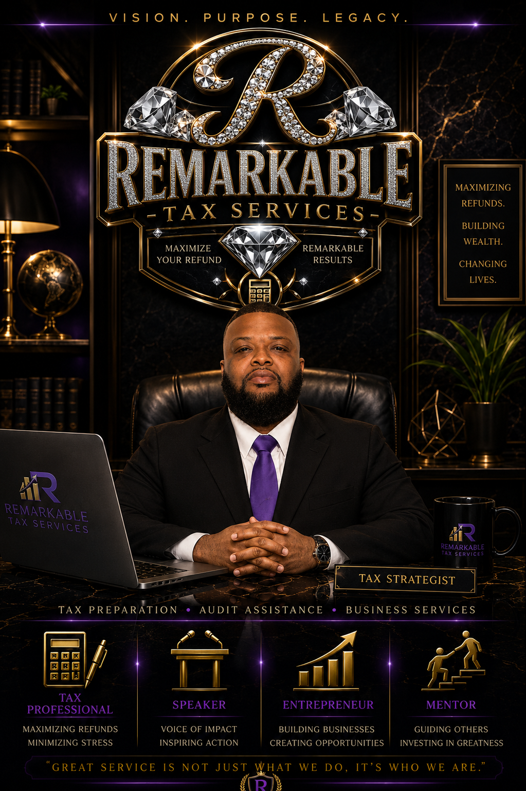 A professional man sits at a desk with a laptop and coffee mug, promoting 'Remarkable Tax Services' with diamond and gold accents, potted plant, and bookshelf in the background. The backdrop displays the company's logo and mission statements.