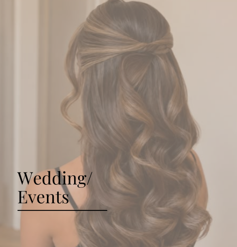 Back view of a woman with long, styled, wavy hair, with a twist at the top, and text in the lower left corner reading 'Wedding/Events'.