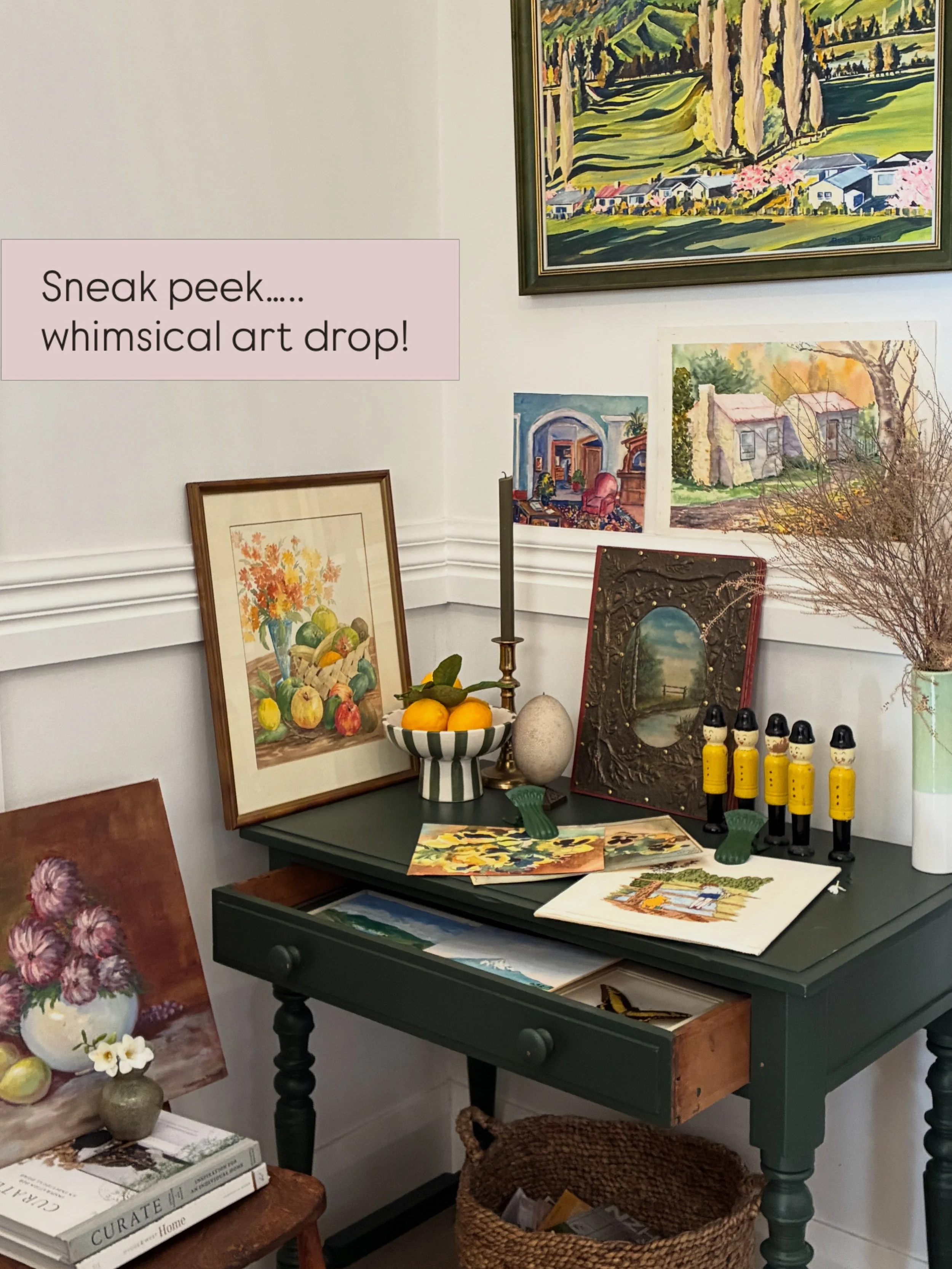 Think whimsical, cosy home with pops of cheerful colour. Vivid landscapes mixed with florals, cottages &amp; Winnie the Pooh of course!These all spring to mind for this week&rsquo;s original vintage art drop. 💛
If you are new here, welcome! I love c