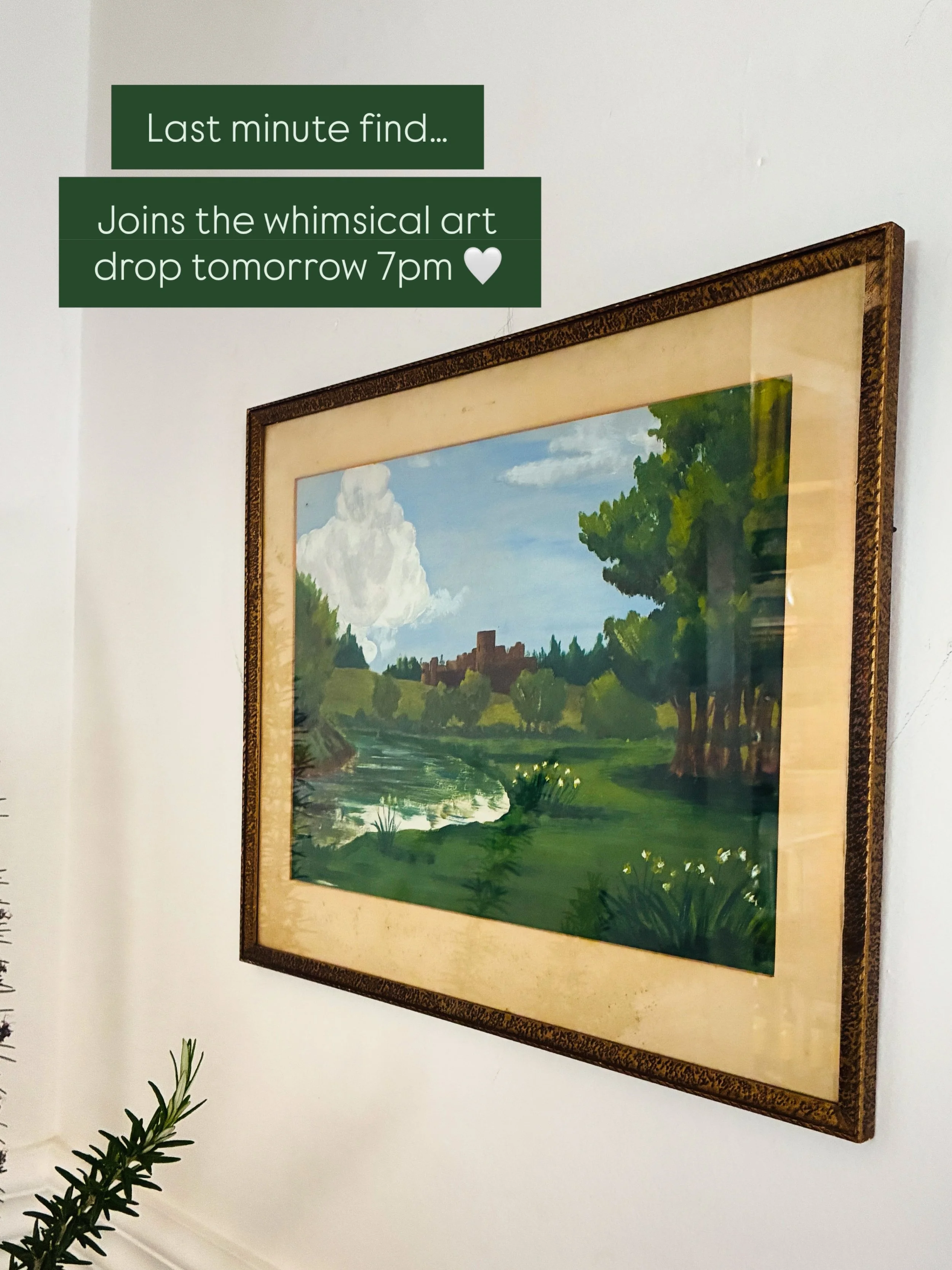 Can you resist a castle in a woodland landscape? I couldn&rsquo;t, I found this today and there was just something about it that made me stop. 
This vintage naive oil painting has the most charming fluffy clouds and the emerald green tones are so gor