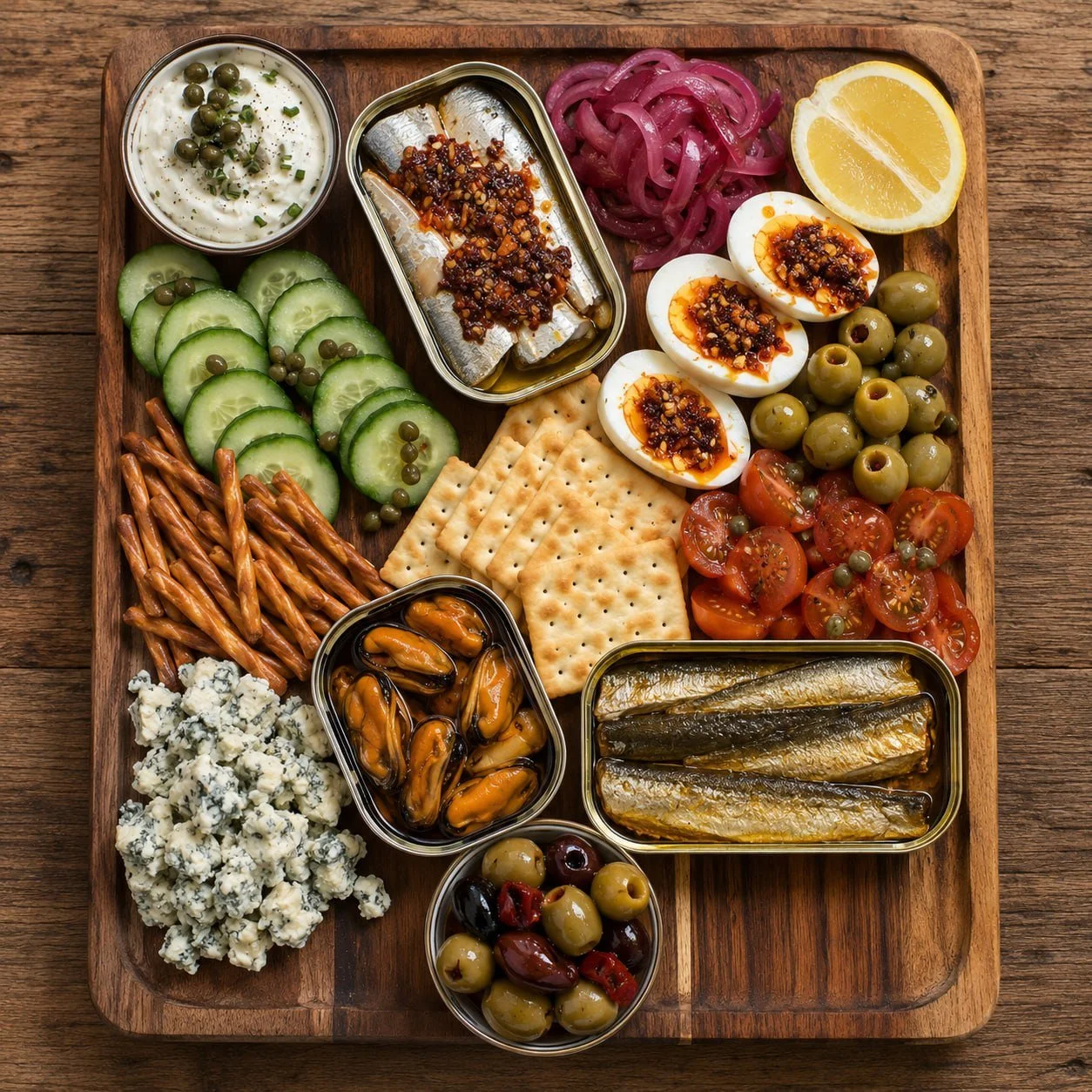 Tinned fish board with Portuguese sardines, octopus and bread