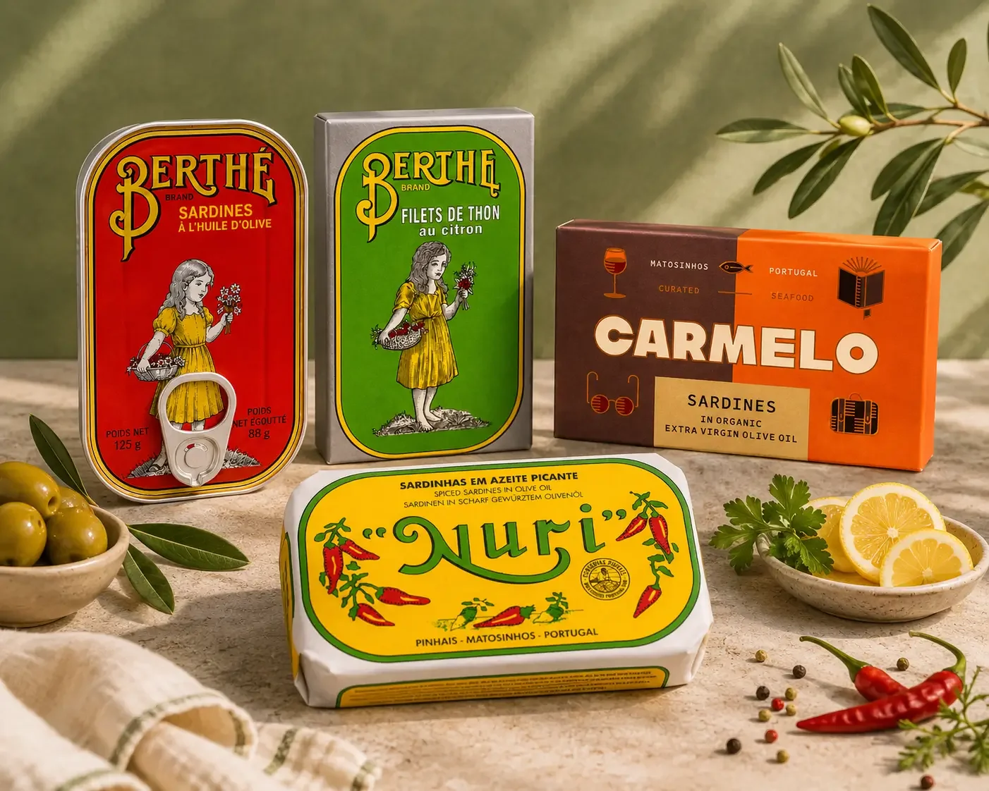 Various canned sardines and sardine products on a table with lemon slices, herbs, and spices.