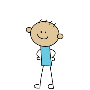 Drawing of a smiling cartoon child with a round head, small ears, and a blue necktie or shirt against a black background.