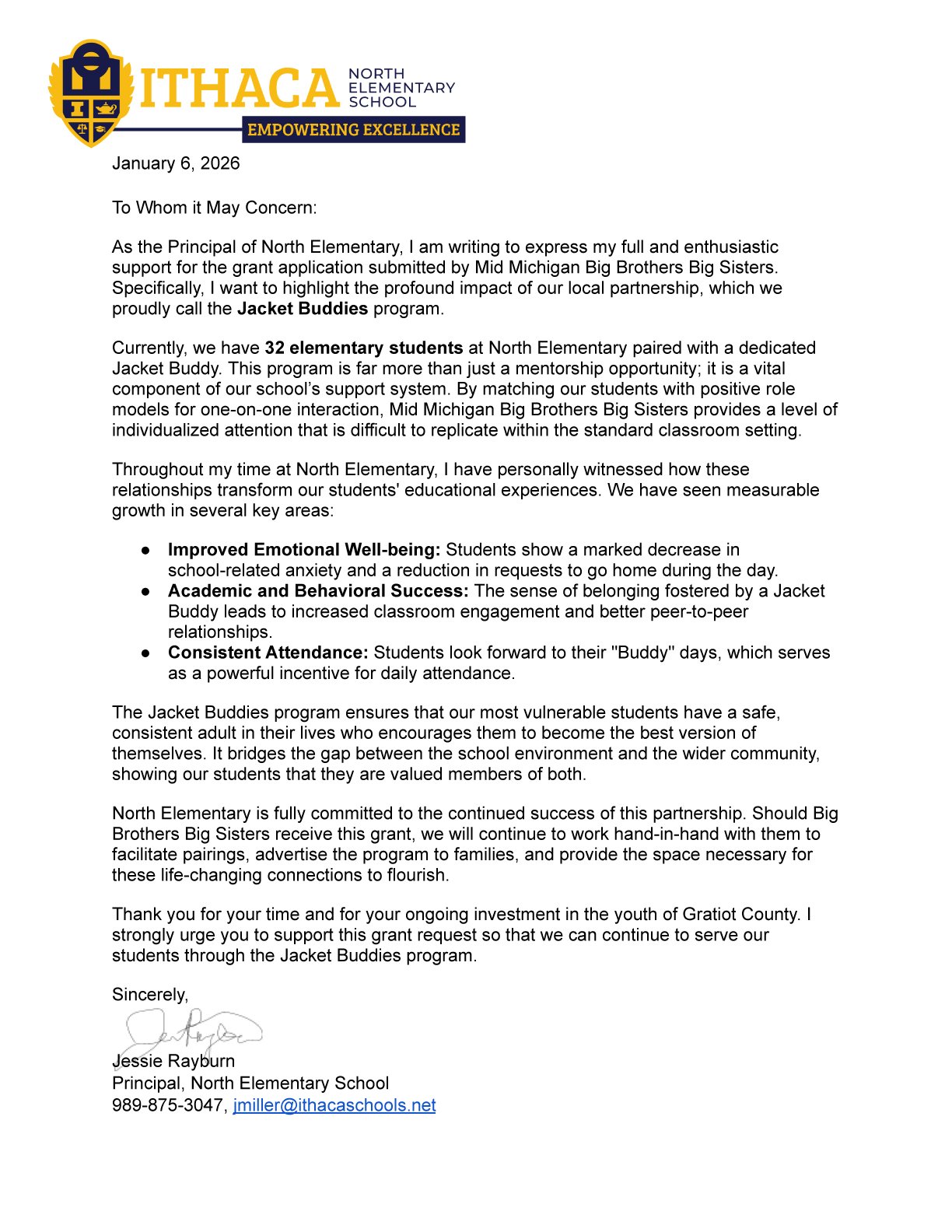 Letter from the principal of North Elementary School supporting a grant application for the Jacket Buddies program, highlighting its impact on student well-being, engagement, and attendance.