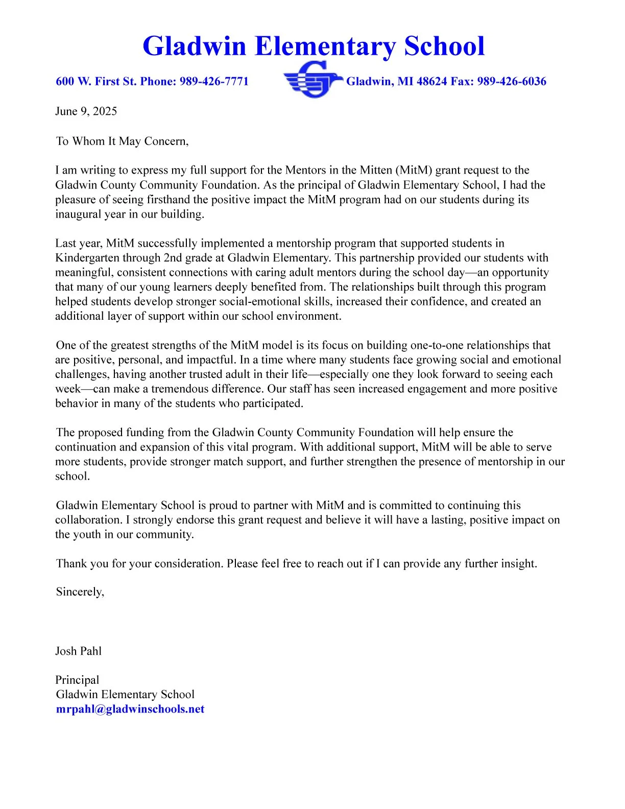 Letterhead of Gladwin Elementary School with school name, address, phone, fax, and logo at the top. The letter is dated June 9, 2025, and supports the Mentors in the Mitten grant request. It discusses the positive impact of the program on students, p