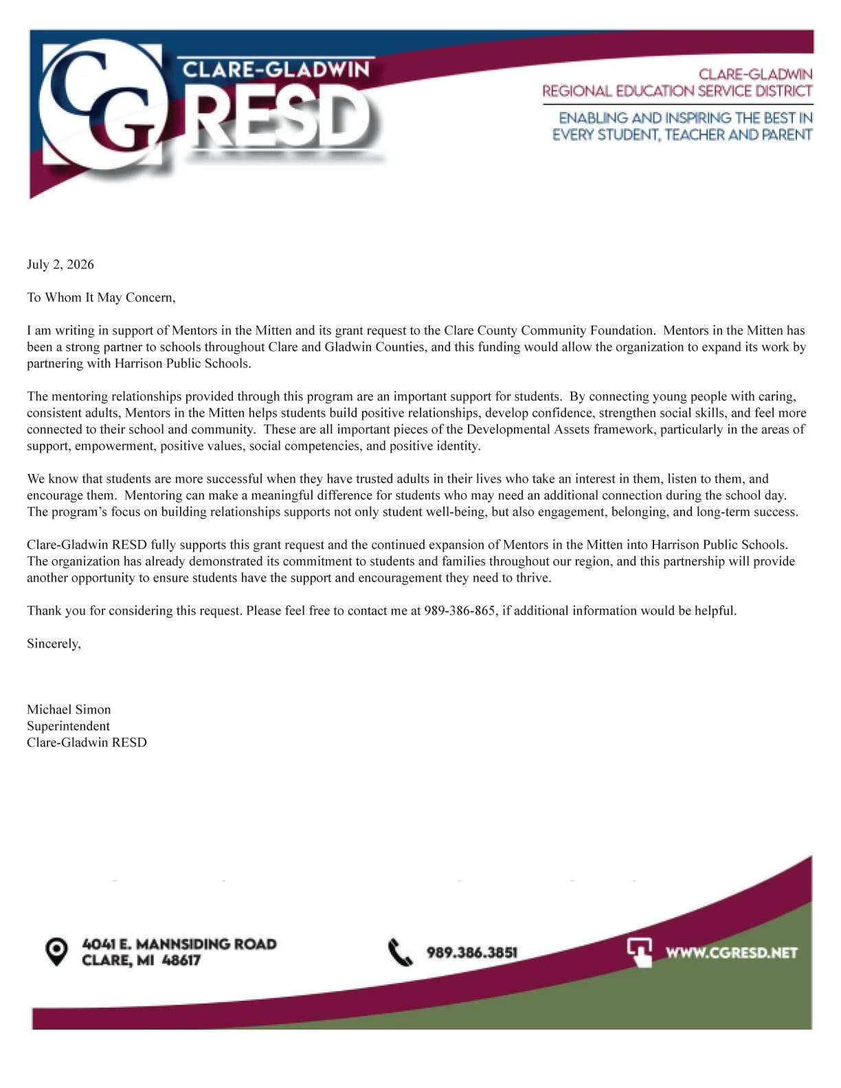 Letter from Clare-Gladwin RESD supporting Mentors in the Mitten program, dated July 2, 2026, signed by Superintendent Michael Simon. The letter emphasizes the importance of mentoring for student success, community support, and expansion of the progra