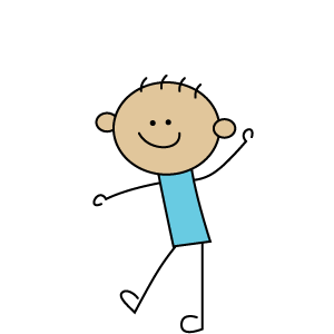 Cartoon drawing of a smiling child's face with short hair, ears, and a blue shirt.