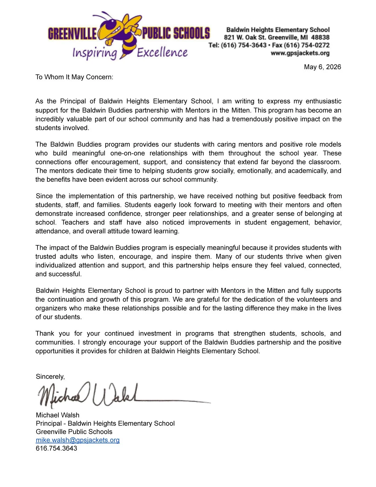 Letter from Michael Walsh, principal of Baldwin Heights Elementary School, endorsing the Baldwin Buddies mentorship program, with school logo and contact information at the top.
