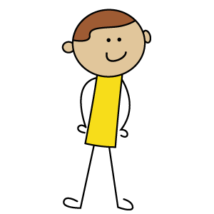 Cartoon drawing of a person with brown hair, a yellow shirt, and a smiling face.