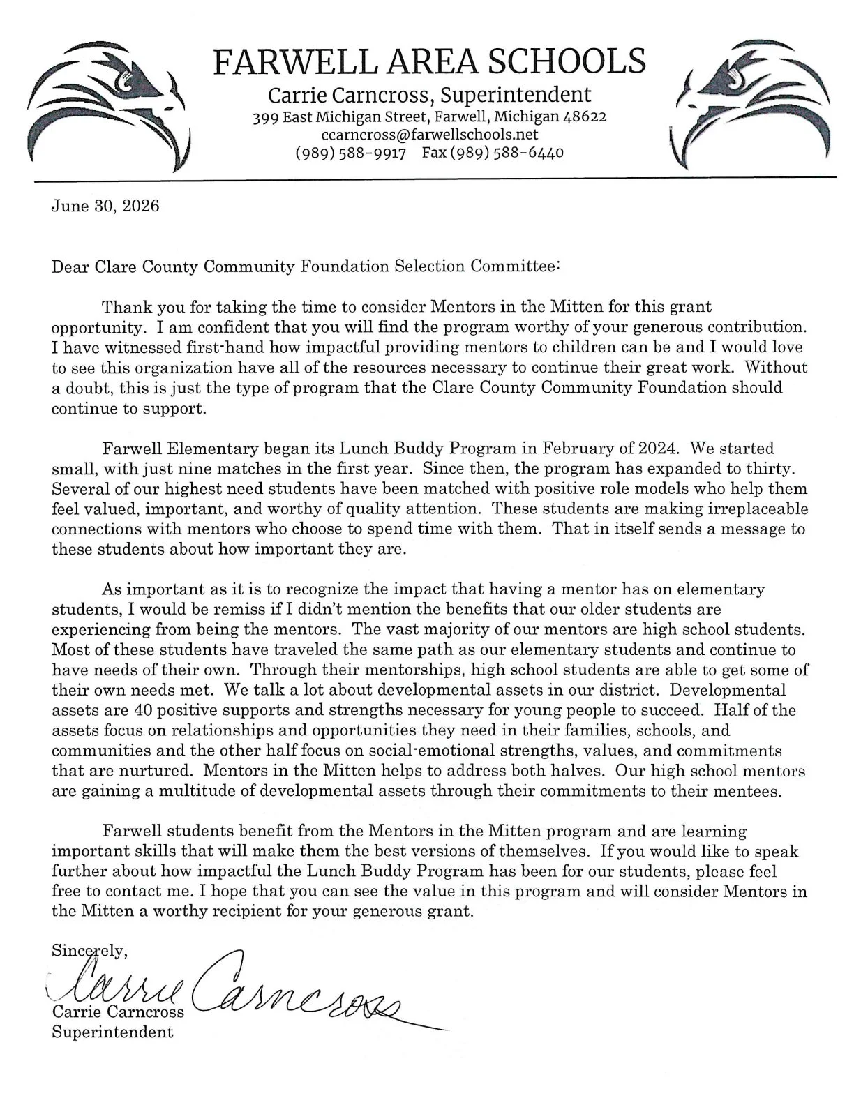 Letter from Farwell Area Schools superintendent Carrie Carncross addressed to Clare County Community Foundation, thanking them for considering a grant proposal for Mentors in the Mitten program. The letter discusses the program's growth, impact on st