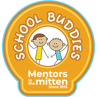 Logo of School Buddies featuring two children holding hands, with the text 'School Buddies Mentors in the mitten Since 1975' inside a circular emblem.