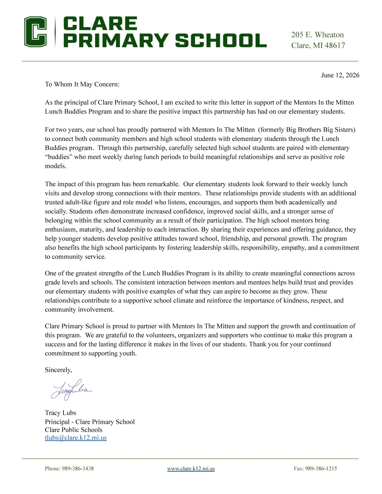 Letter from the principal of Clare Primary School supporting the Mentors In The Mitten Lunch Buddies Program, dated June 12, 2026, expressing pride and gratitude for the partnership and its positive impact on students.