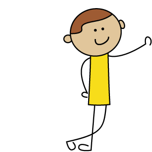 A cartoon illustration of a girl with brown hair, a yellow shirt, and a smiling face, standing on a black background.