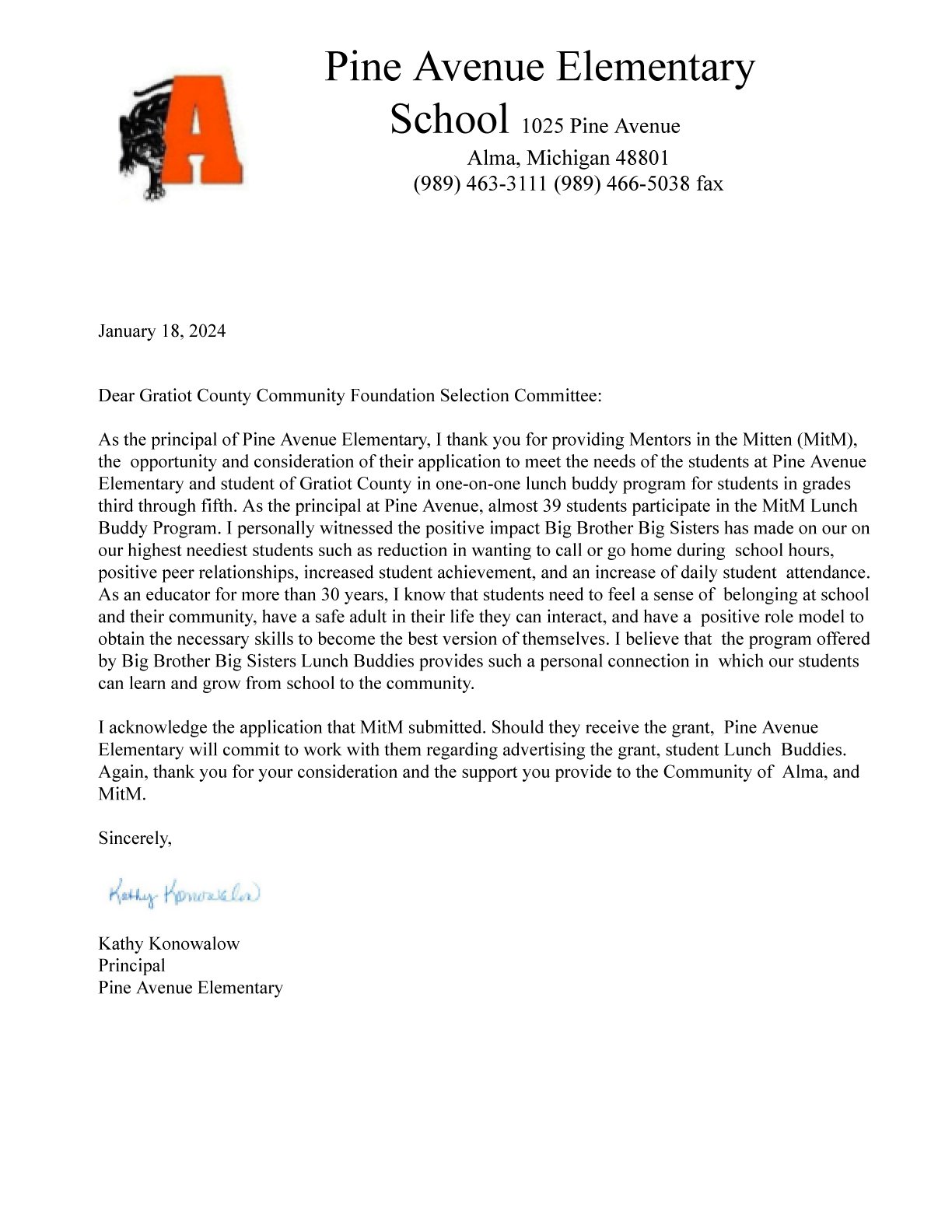 Letterhead from Pine Avenue Elementary School with school logo featuring an orange 'A' with black hair, and contact details, including address in Alma, Michigan, and phone and fax numbers. The letter is dated January 18, 2024, and is addressed to Gra