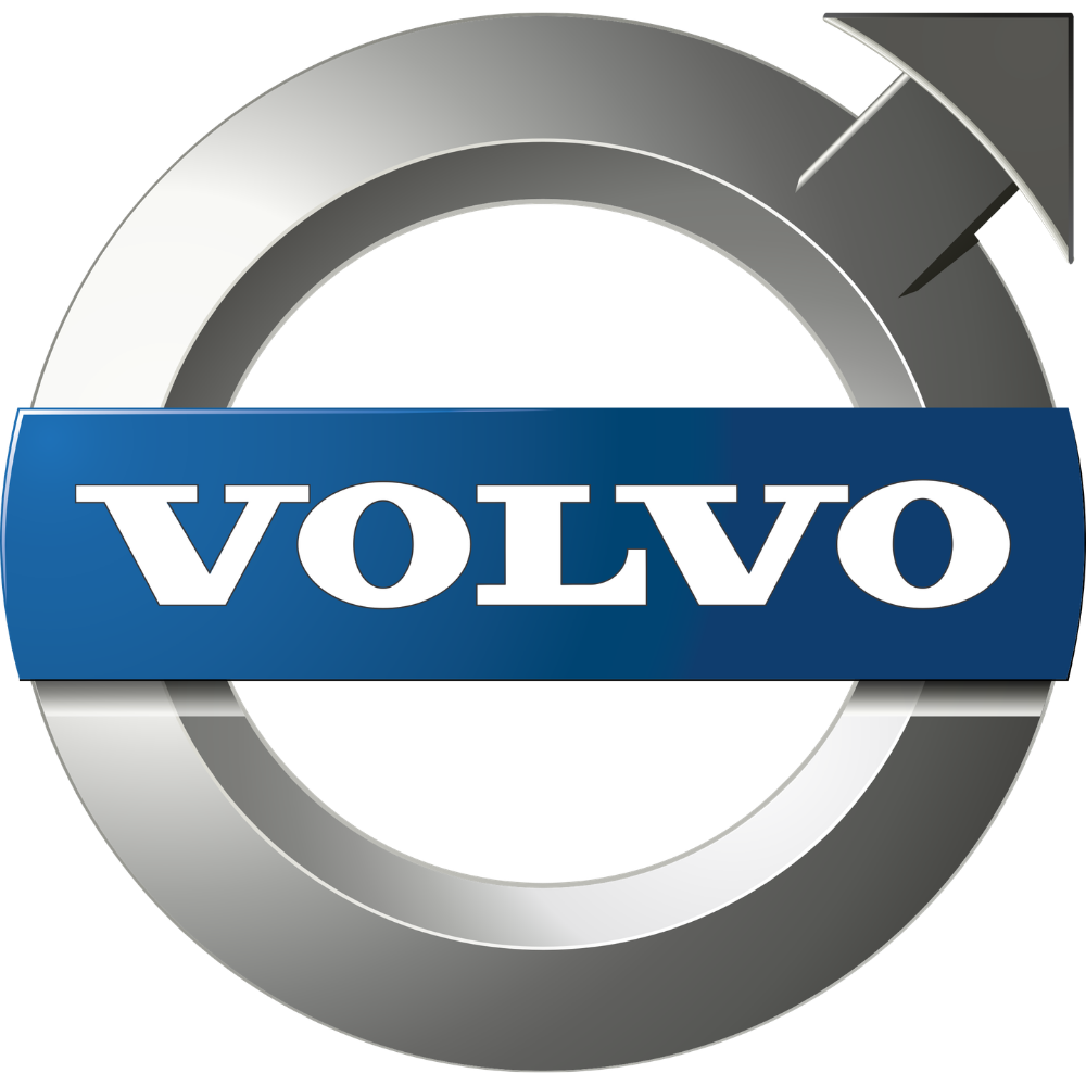 Volvo logo with a silver circle and a blue rectangle with white text in the center.