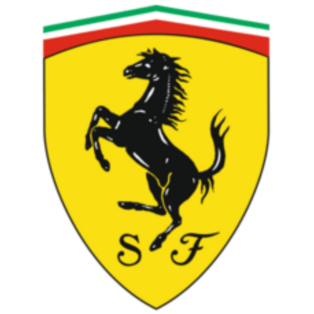 Ferrari emblem with a black prancing horse on a yellow shield, topped with a red, white, and green stripe and the letters 'S' and 'F'.